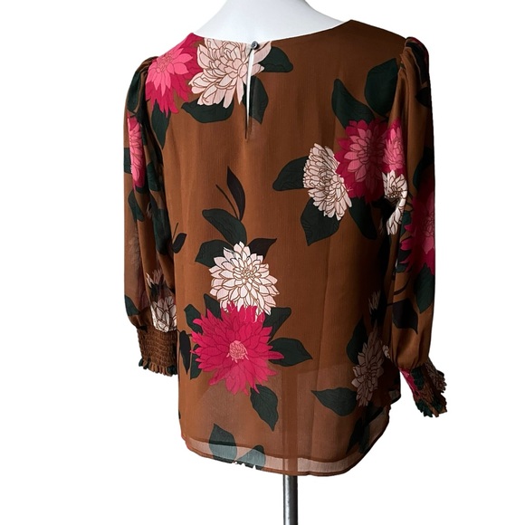 Ann Taylor Factory Sheer Brown Floral Overlay Balloon Sleeve Blouse, Sz M - Picture 5 of 13